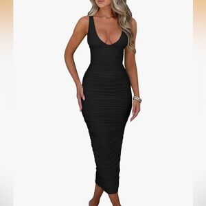 Black Ruched Deep V Dress